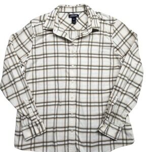 Lands End Womens Cream Tan Plaid Flannel Button Down Shirt Size 14 Long Sleeve